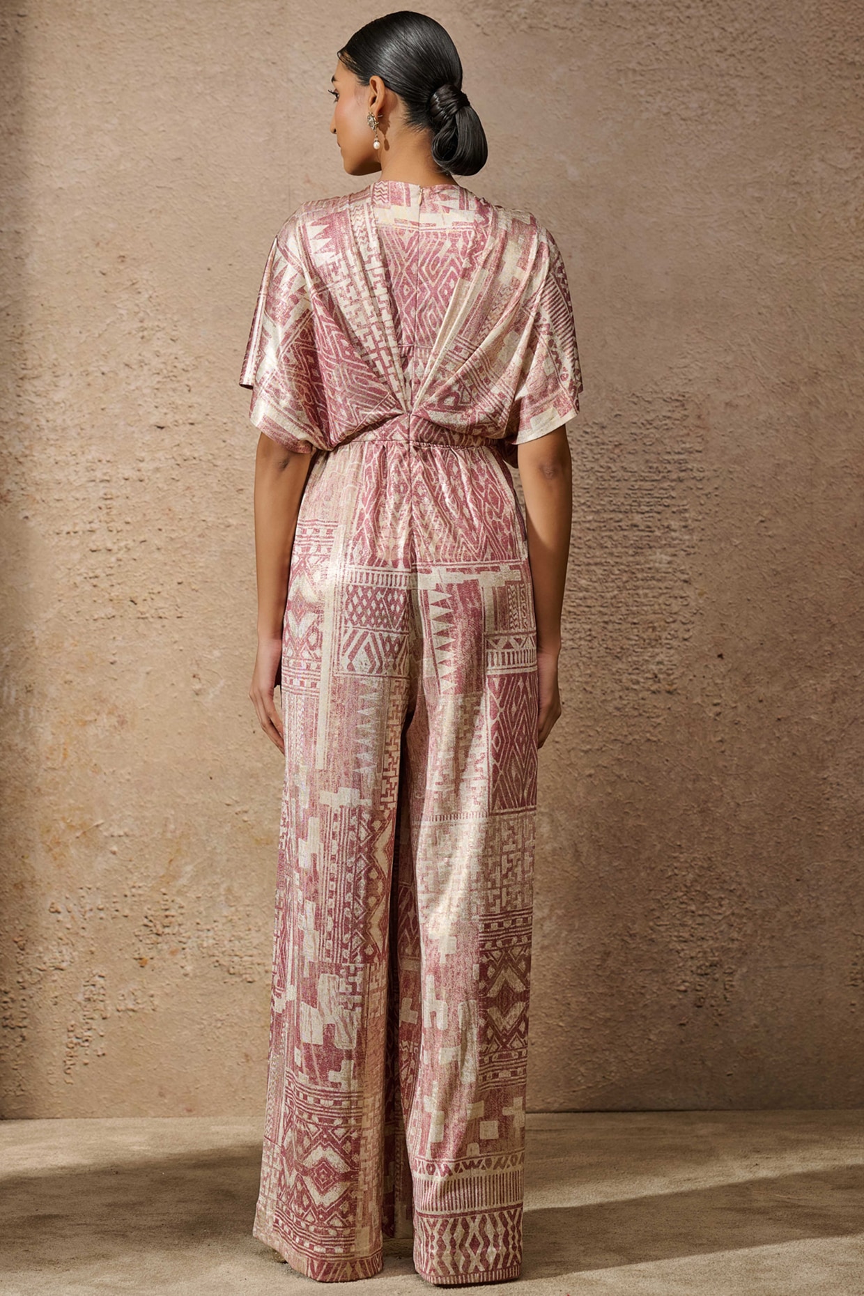 Blush Pink Foil Jersey Printed Jumpsuit by Tarun Tahiliani at Pernia s Pop Up Shop 2024