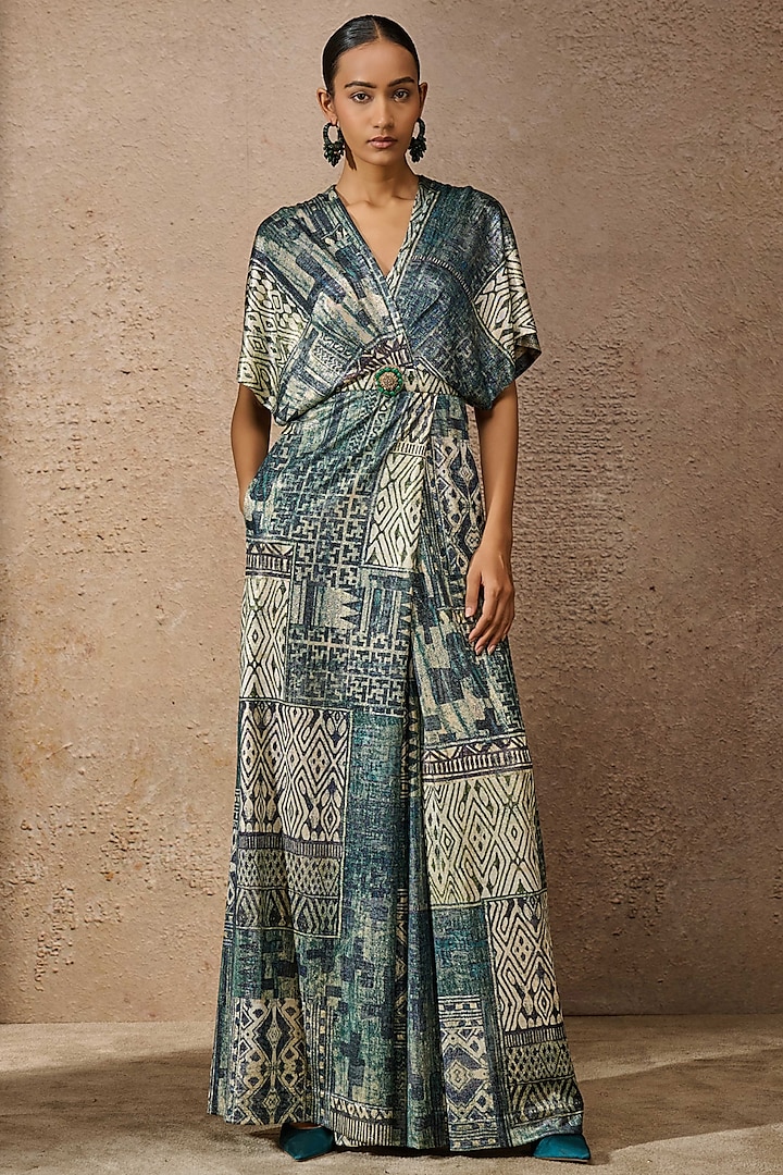 Peacock Blue Foil Jersey Printed Jumpsuit by Tarun Tahiliani at Pernia's Pop Up Shop