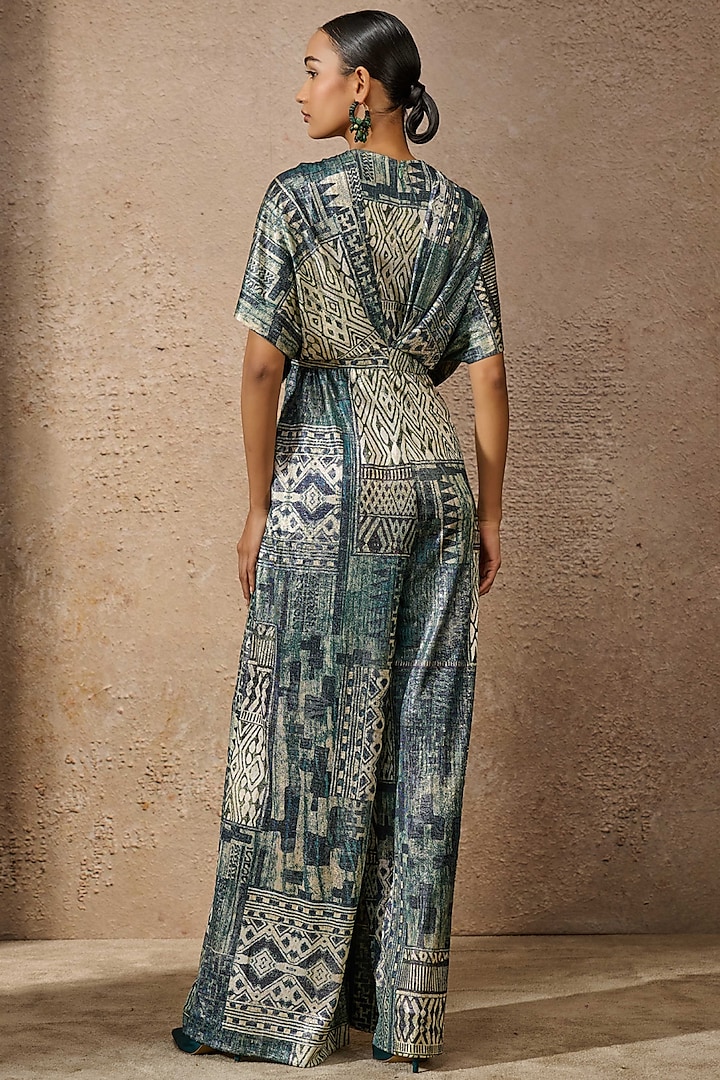 Peacock Blue Foil Jersey Printed Jumpsuit by Tarun Tahiliani at Pernia's Pop Up Shop