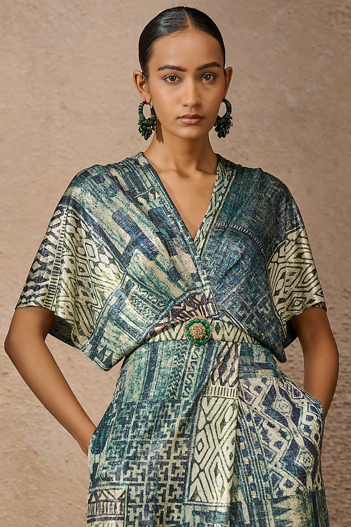 Peacock Blue Foil Jersey Printed Jumpsuit by Tarun Tahiliani at Pernia's Pop Up Shop