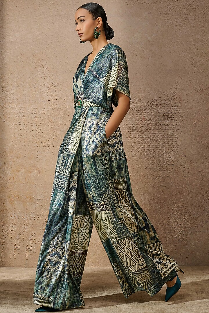 Peacock Blue Foil Jersey Printed Jumpsuit by Tarun Tahiliani at Pernia's Pop Up Shop