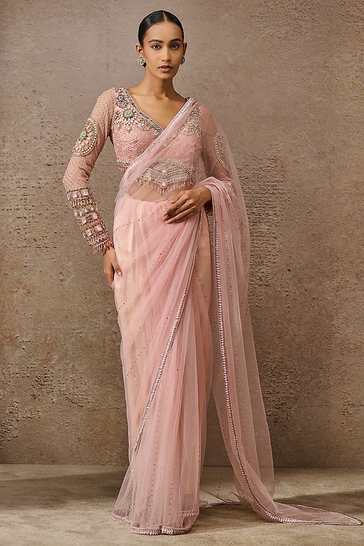 Blush Pink Tulle Crystal Embellished Saree Set by Tarun Tahiliani at Pernia's Pop Up Shop