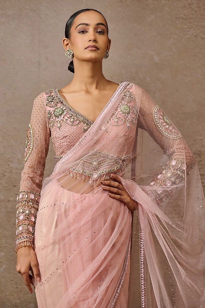 Blush Pink Tulle Crystal Embellished Bridal Saree Set by Tarun Tahiliani at Pernia's Pop Up Shop