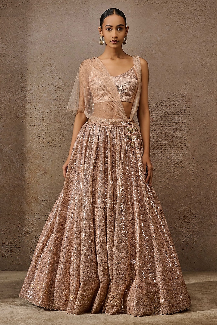 Blush Pink Tulle Sequins Embroidered Bridal Lehenga Set by Tarun Tahiliani at Pernia's Pop Up Shop