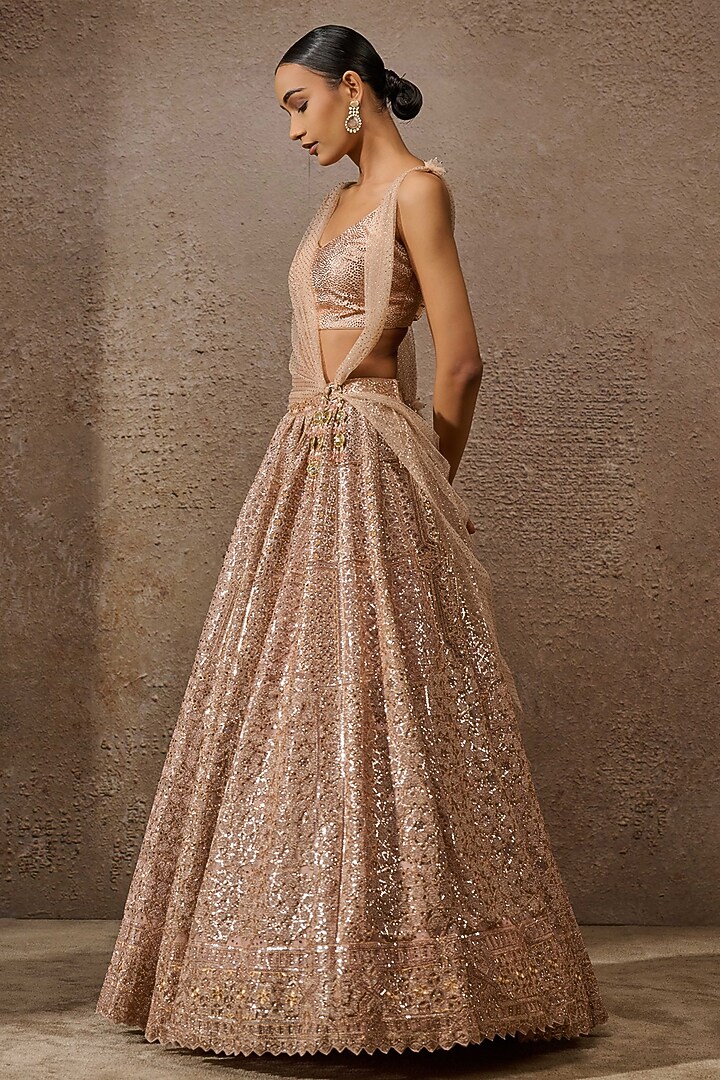 Blush Pink Tulle Sequins Embroidered Bridal Lehenga Set by Tarun Tahiliani at Pernia's Pop Up Shop