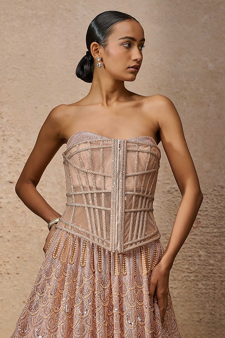 Blush Pink Tulle Sequins Embroidered Bridal Lehenga Set by Tarun Tahiliani at Pernia's Pop Up Shop