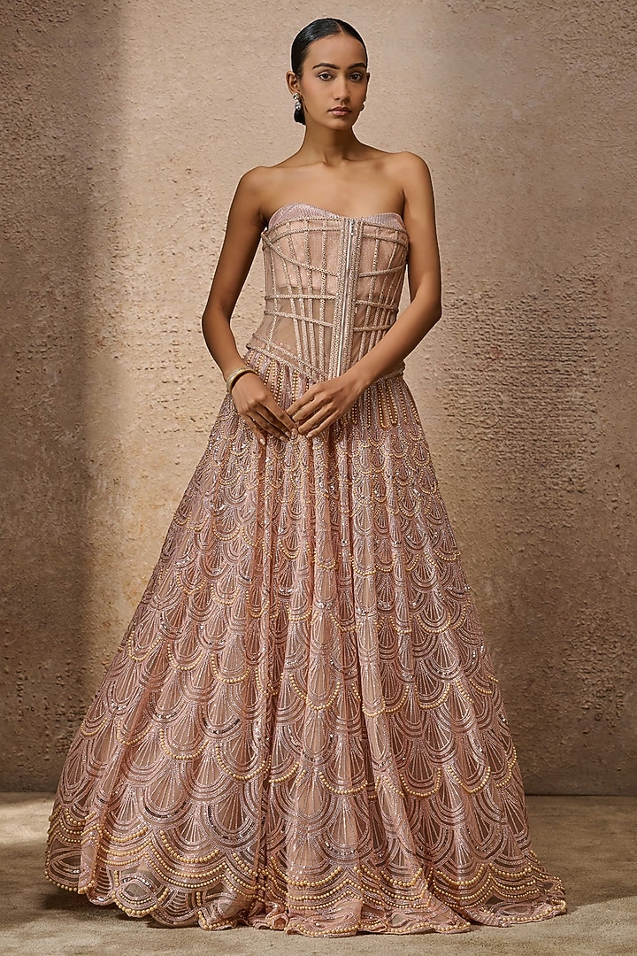 Blush Pink Tulle Sequins Embroidered Bridal Lehenga Set by Tarun Tahiliani at Pernia's Pop Up Shop