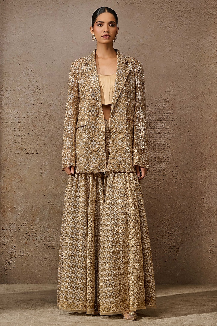 Gold Tulle & Silk Satin Sequins Embroidered Jacket Set by Tarun Tahiliani at Pernia's Pop Up Shop