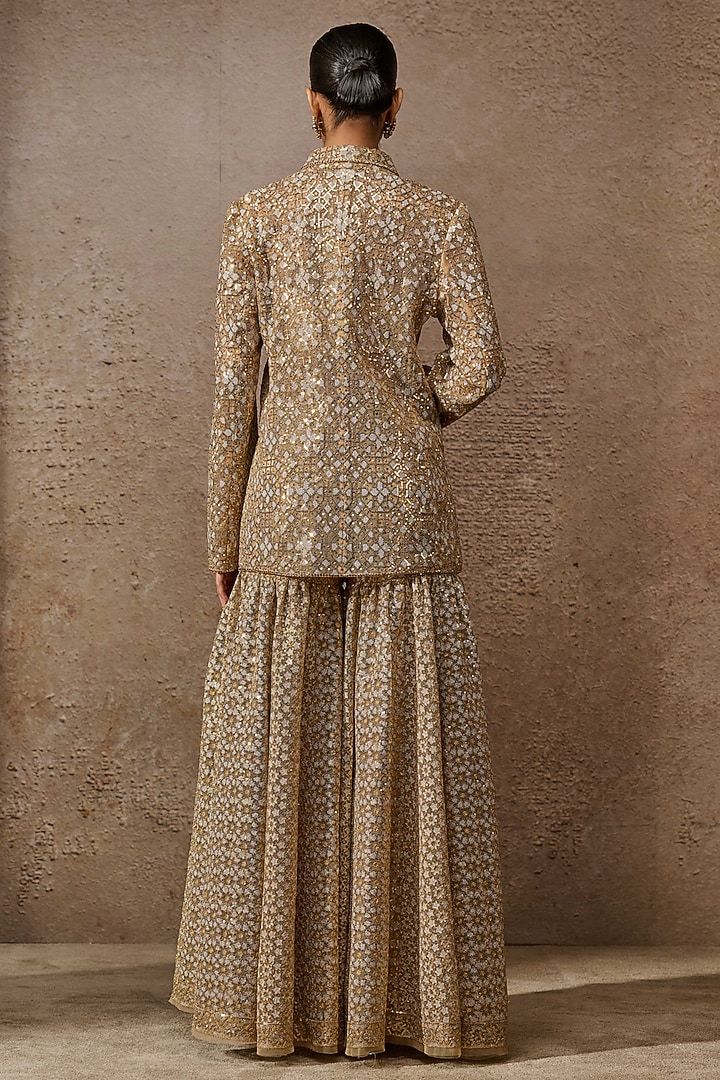 Gold Tulle & Silk Satin Sequins Embroidered Jacket Set by Tarun Tahiliani at Pernia's Pop Up Shop