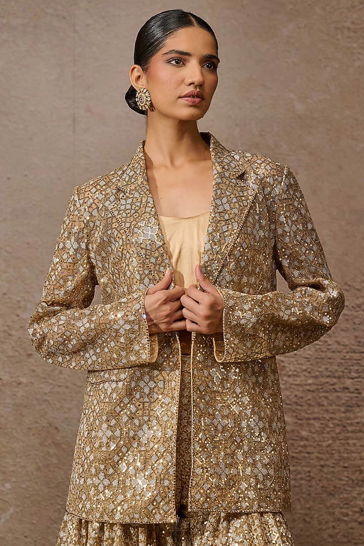 Gold Tulle & Silk Satin Sequins Embroidered Jacket Set by Tarun Tahiliani at Pernia's Pop Up Shop