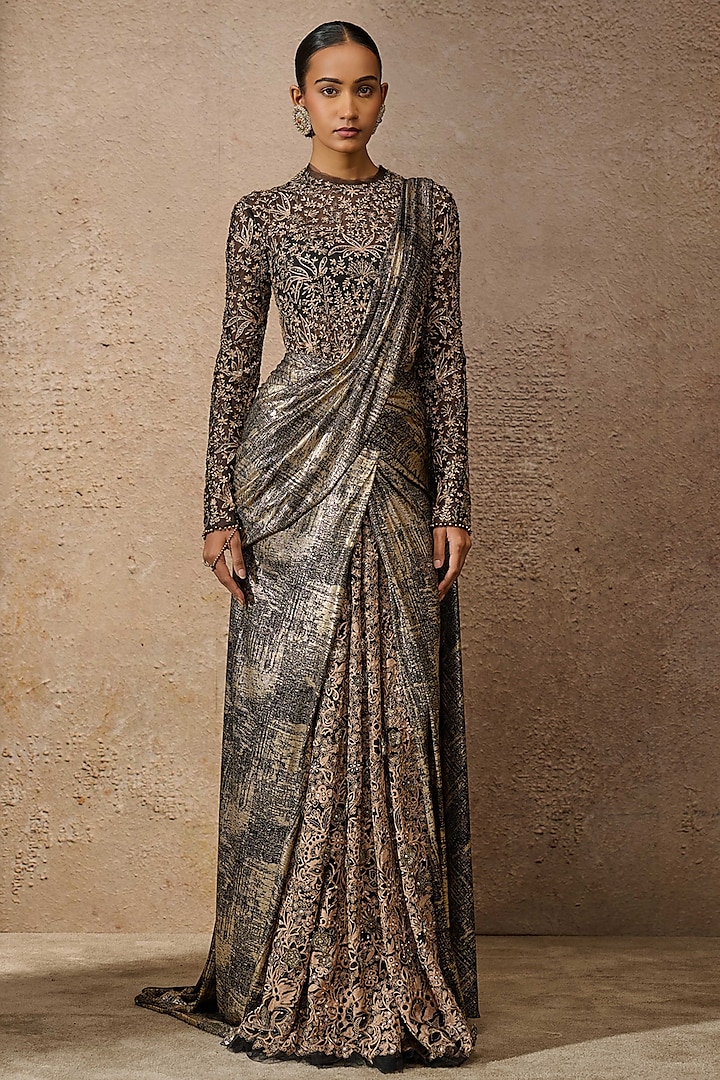 Black & Gold Foil Jersey Embroidered Concept Saree Set by Tarun Tahiliani at Pernia's Pop Up Shop