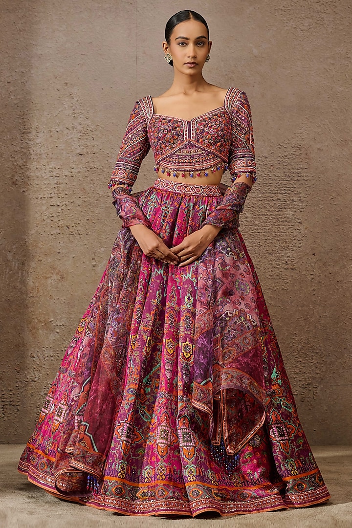 Fuchsia Pink Kasab Satin Embellished & Printed Bridal Lehenga Set by Tarun Tahiliani at Pernia's Pop Up Shop