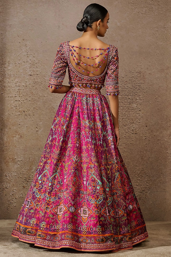 Fuchsia Pink Kasab Satin Embellished & Printed Bridal Lehenga Set by Tarun Tahiliani at Pernia's Pop Up Shop