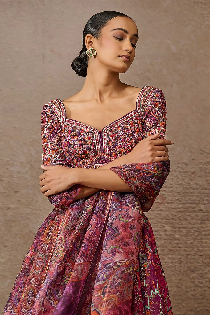 Fuchsia Pink Kasab Satin Embellished & Printed Bridal Lehenga Set by Tarun Tahiliani at Pernia's Pop Up Shop