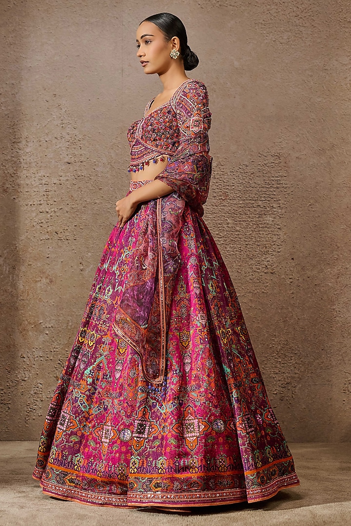 Fuchsia Pink Kasab Satin Embellished & Printed Bridal Lehenga Set by Tarun Tahiliani at Pernia's Pop Up Shop