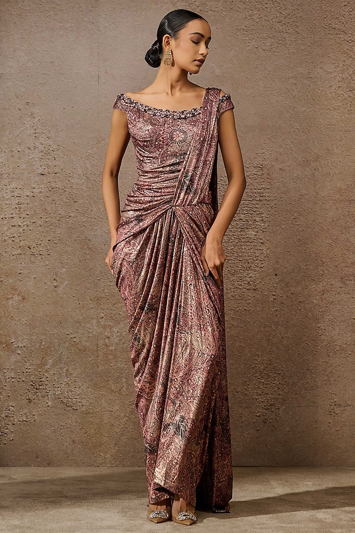 Wine Foil Jersey Printed & Embellished Concept Saree by Tarun Tahiliani at Pernia's Pop Up Shop