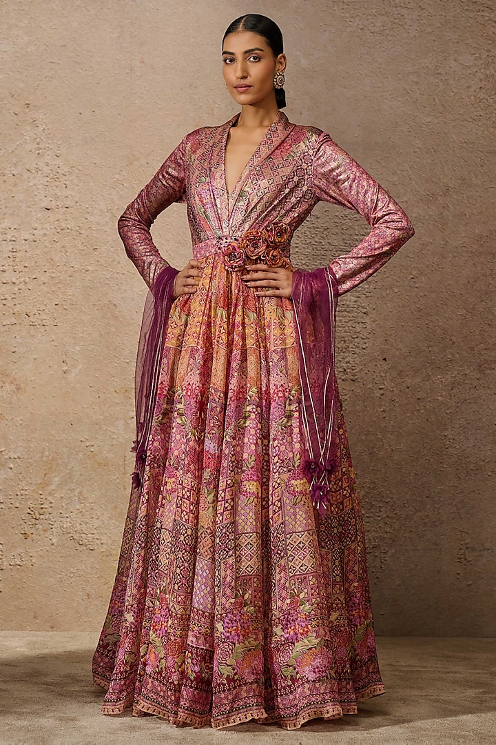 Pink Foil Jersey & Satin Organza Printed Anarkali Set by Tarun Tahiliani at Pernia's Pop Up Shop