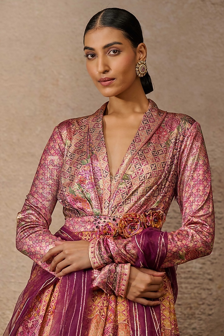 Pink Foil Jersey & Satin Organza Printed Bridal Anarkali Set by Tarun Tahiliani at Pernia's Pop Up Shop