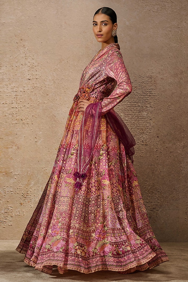 Pink Foil Jersey & Satin Organza Printed Bridal Anarkali Set by Tarun Tahiliani at Pernia's Pop Up Shop