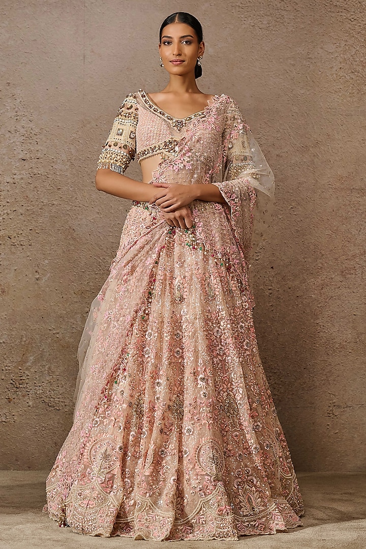 Blush Pink Tulle & Zari Chanderi Embroidered Bridal Lehenga Set by Tarun Tahiliani at Pernia's Pop Up Shop