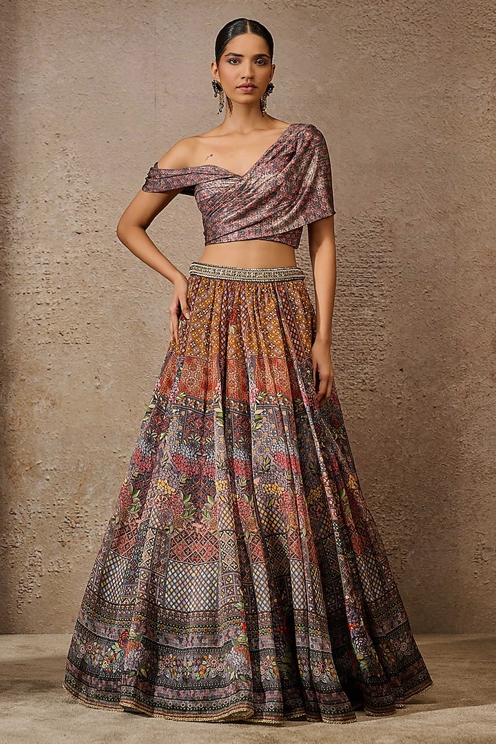 Multi-Colored Satin Organza Printed Wedding Lehenga Set by Tarun Tahiliani at Pernia's Pop Up Shop