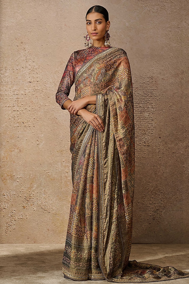 Grey & Multi-Colored Tissue Georgette Printed Saree Set by Tarun Tahiliani at Pernia's Pop Up Shop