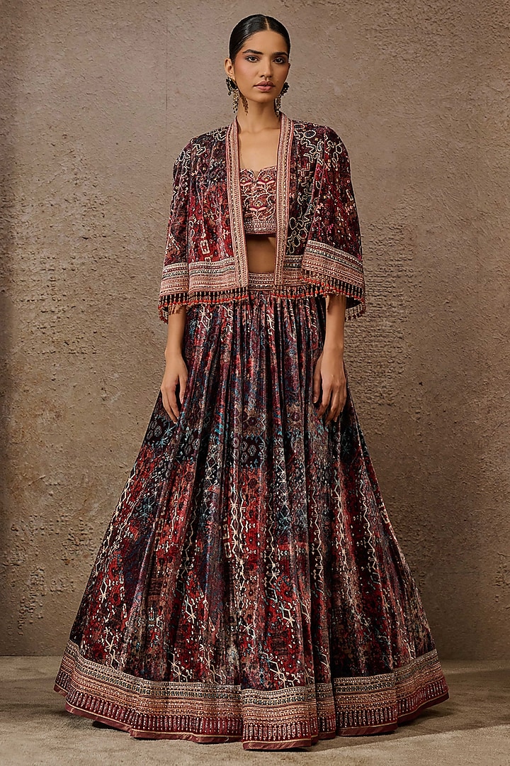 Brown & Multi-Colored Silk Velvet Printed Jacket Bridal Lehenga Set by Tarun Tahiliani at Pernia's Pop Up Shop