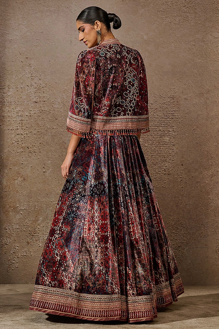 Brown & Multi-Colored Silk Velvet Printed Jacket Bridal Lehenga Set by Tarun Tahiliani at Pernia's Pop Up Shop