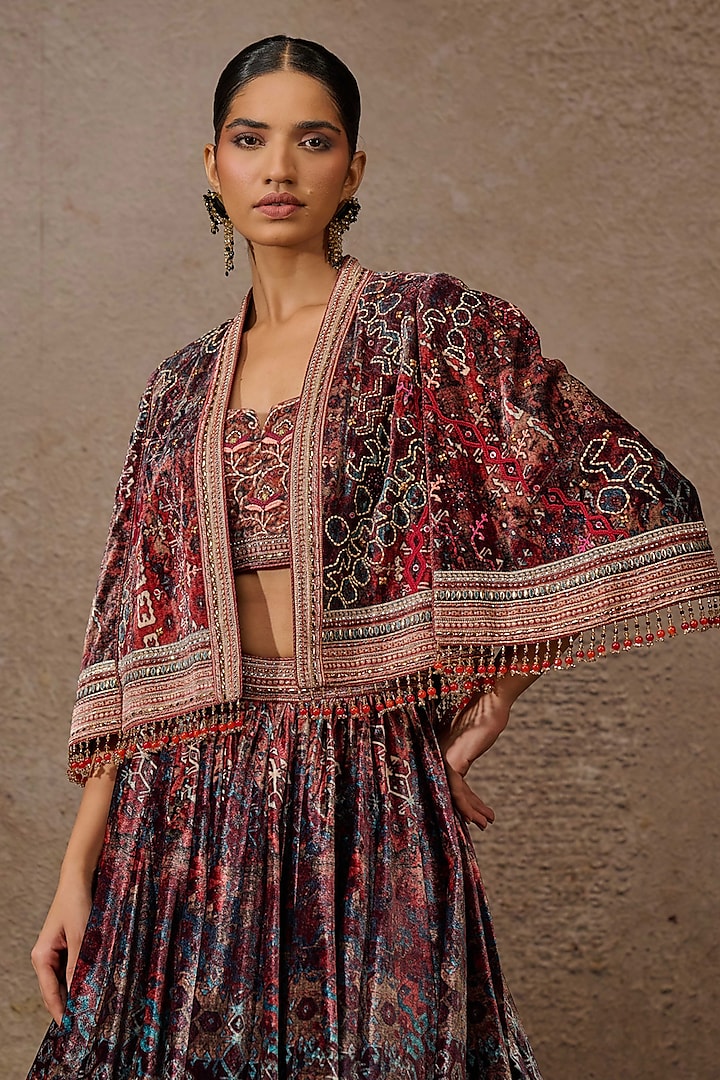 Brown & Multi-Colored Silk Velvet Printed Jacket Bridal Lehenga Set by Tarun Tahiliani at Pernia's Pop Up Shop