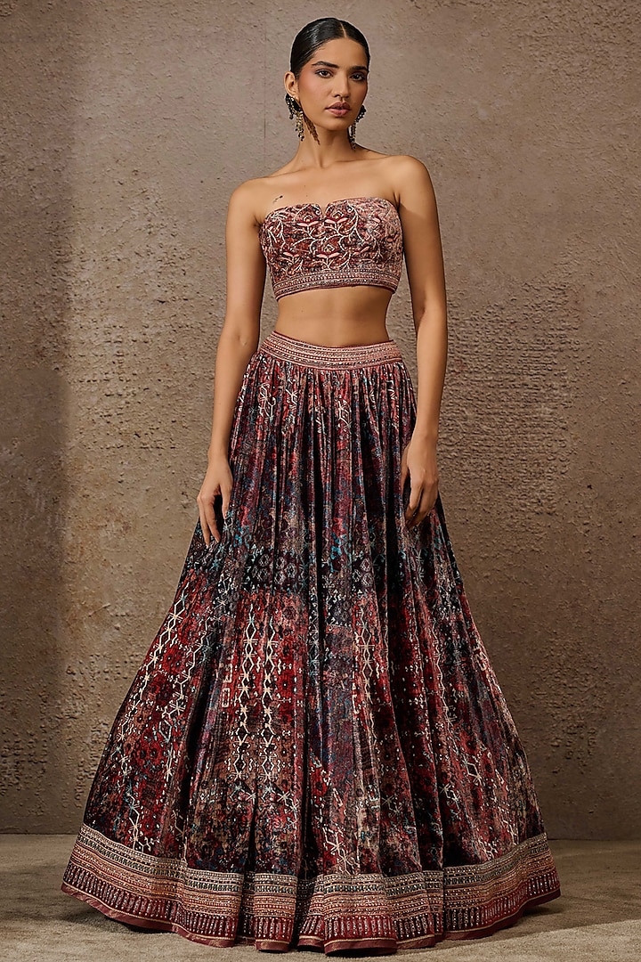 Brown & Multi-Colored Silk Velvet Printed Jacket Bridal Lehenga Set by Tarun Tahiliani at Pernia's Pop Up Shop