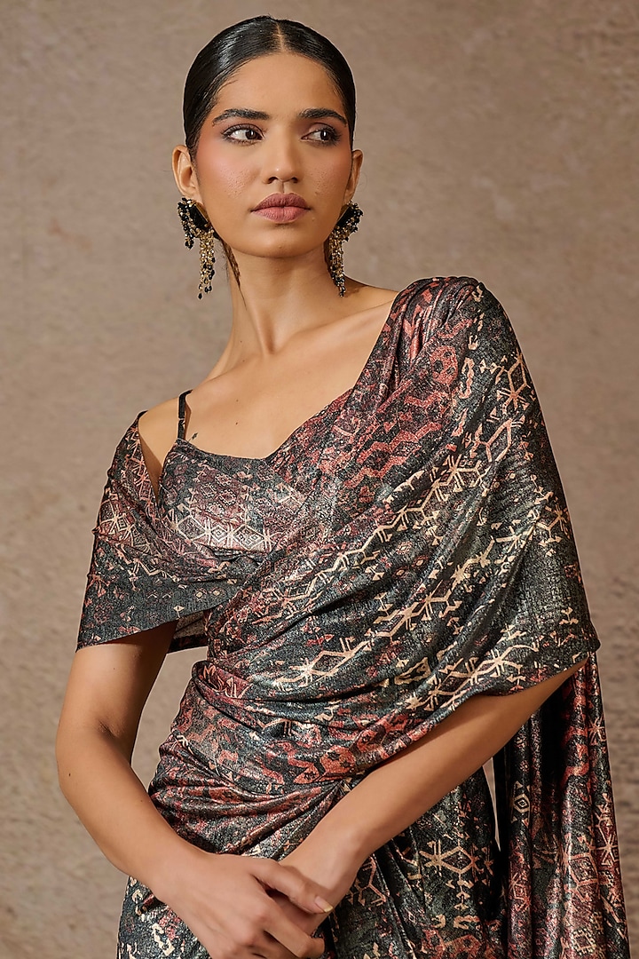 Blue & Multi-Colored Foil Jersey Printed Concept Reception Saree Set by Tarun Tahiliani at Pernia's Pop Up Shop