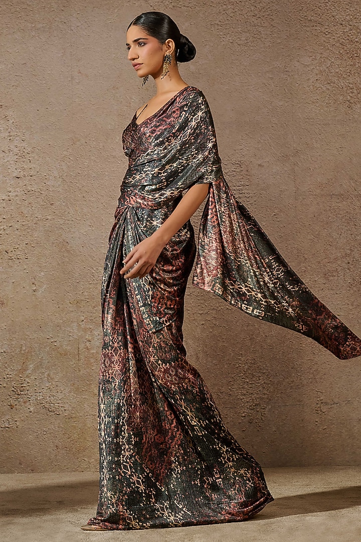 Blue & Multi-Colored Foil Jersey Printed Concept Reception Saree Set by Tarun Tahiliani at Pernia's Pop Up Shop