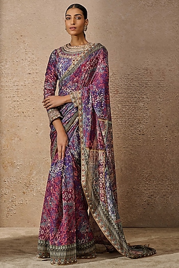 Blue & Multi-Colored Silk Chiffon Printed Saree Set by Tarun Tahiliani