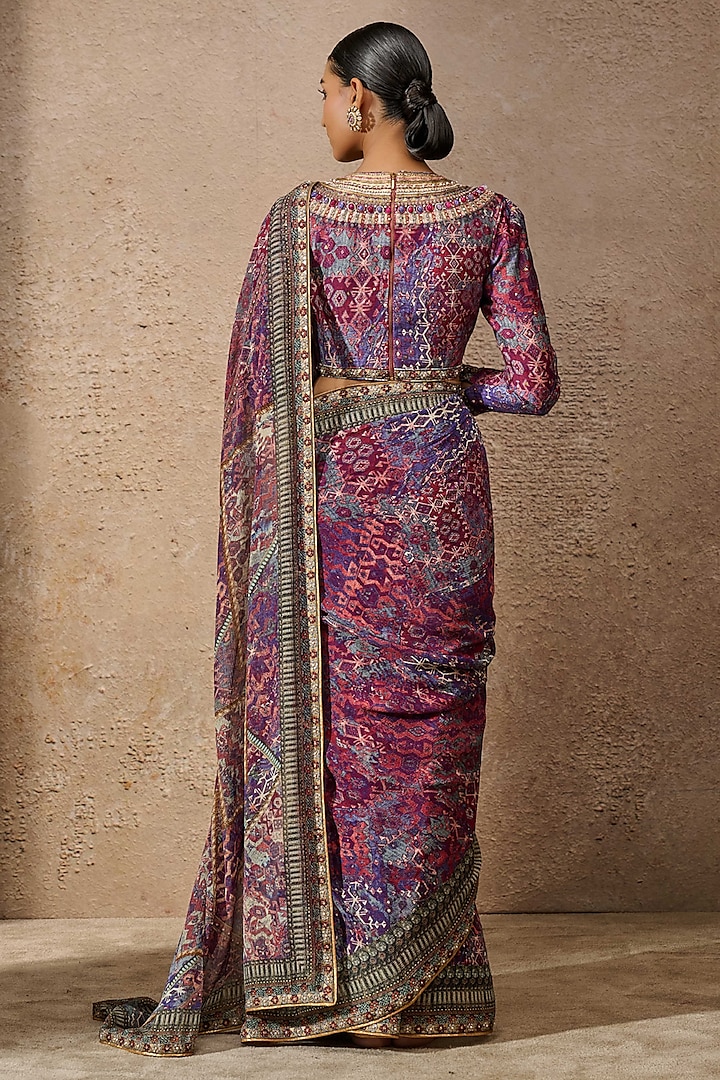 Blue & Multi-Colored Silk Chiffon Printed Reception Saree Set by Tarun Tahiliani at Pernia's Pop Up Shop