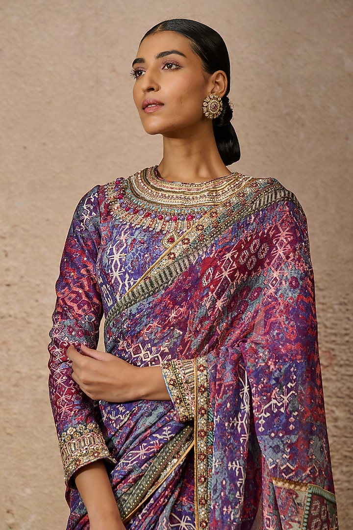 Blue & Multi-Colored Silk Chiffon Printed Reception Saree Set by Tarun Tahiliani at Pernia's Pop Up Shop
