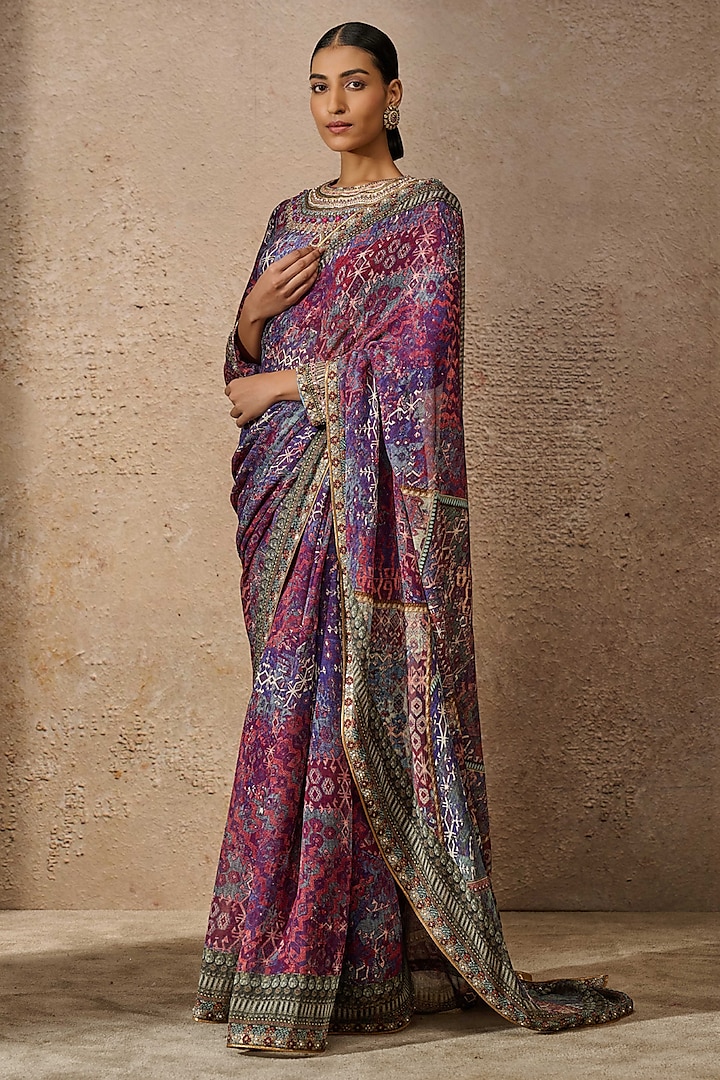 Blue & Multi-Colored Silk Chiffon Printed Reception Saree Set by Tarun Tahiliani at Pernia's Pop Up Shop