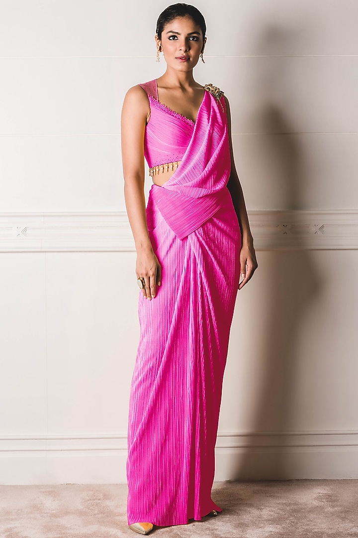 Fuchsia Pre Pleated Concept Saree Set by Tarun Tahiliani