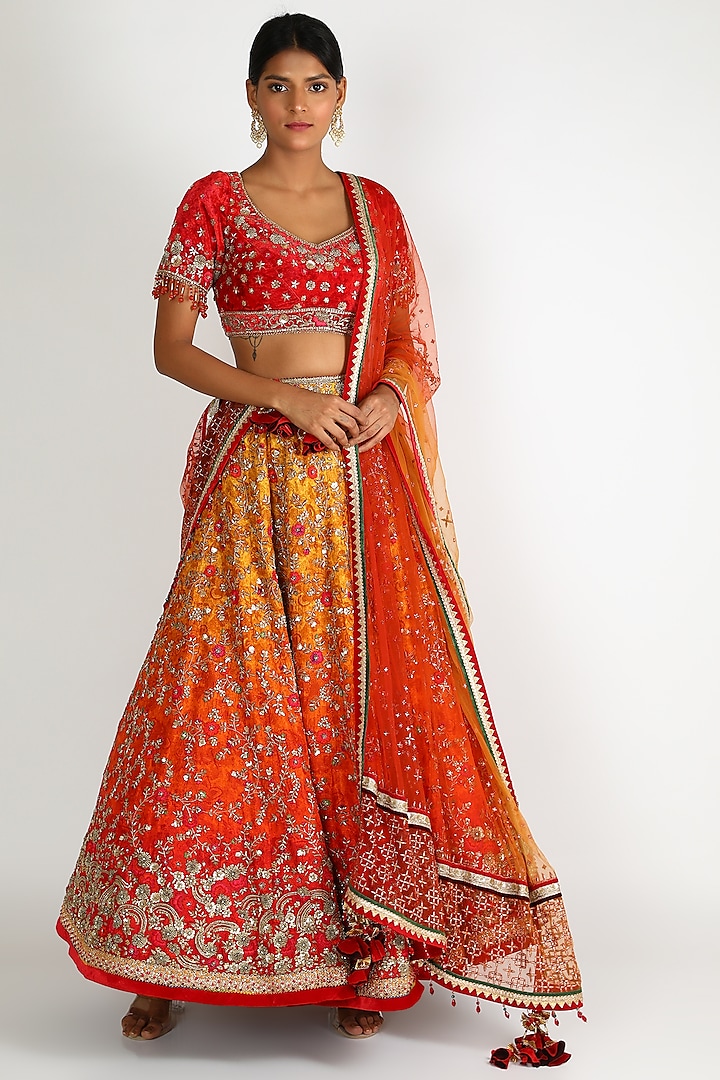 Orange Ombre Embroidered Lehenga Set by Tarun Tahiliani