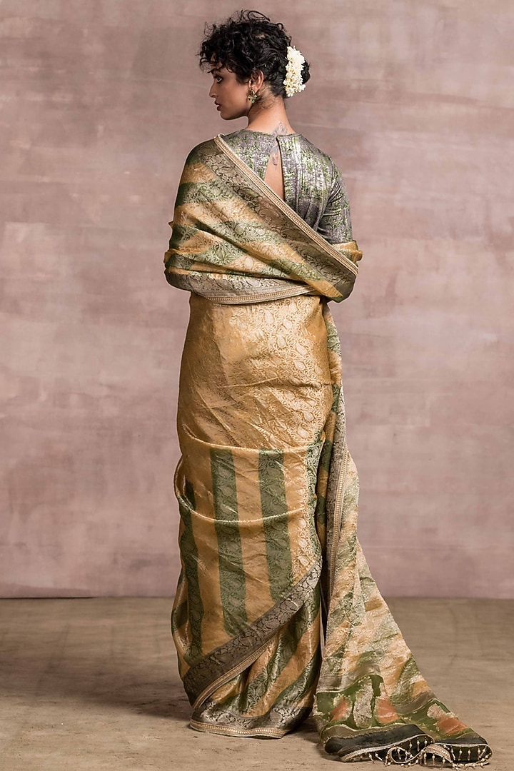 Burnt Olive & Beige Banarasi Striped Reception Saree Set by Tarun Tahiliani at Pernia's Pop Up Shop