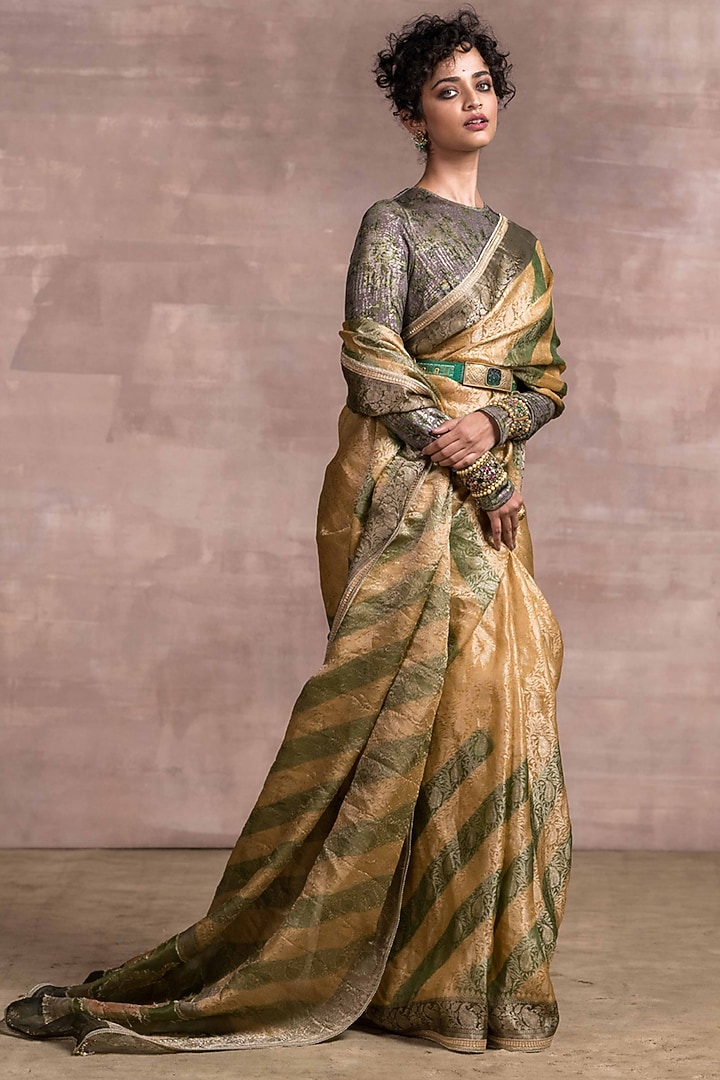 Burnt Olive & Beige Banarasi Striped Reception Saree Set by Tarun Tahiliani at Pernia's Pop Up Shop