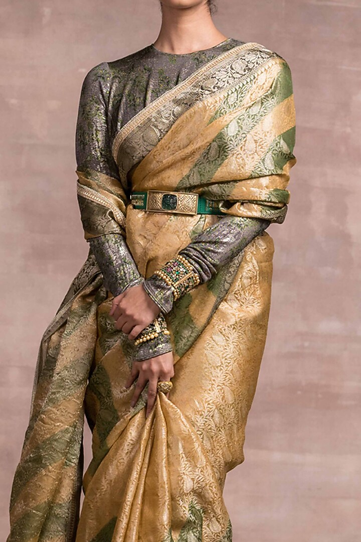 Burnt Olive & Beige Banarasi Striped Reception Saree Set by Tarun Tahiliani at Pernia's Pop Up Shop
