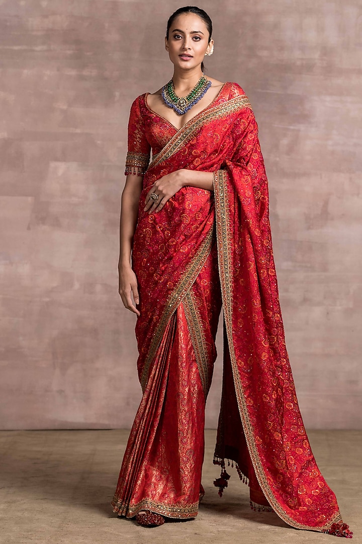 Fiery Red Embroidered Pre-Stitched Saree Set by Tarun Tahiliani