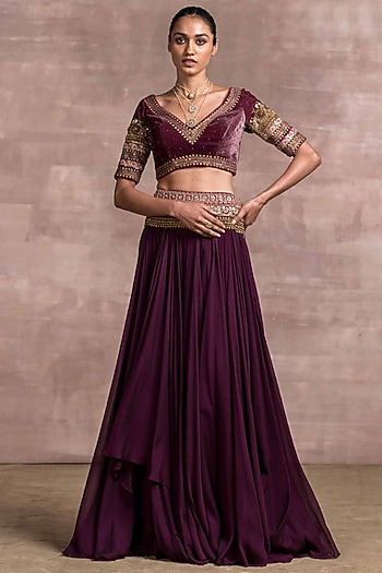 Wine Embroidered Draped Lehenga Set by Tarun Tahiliani