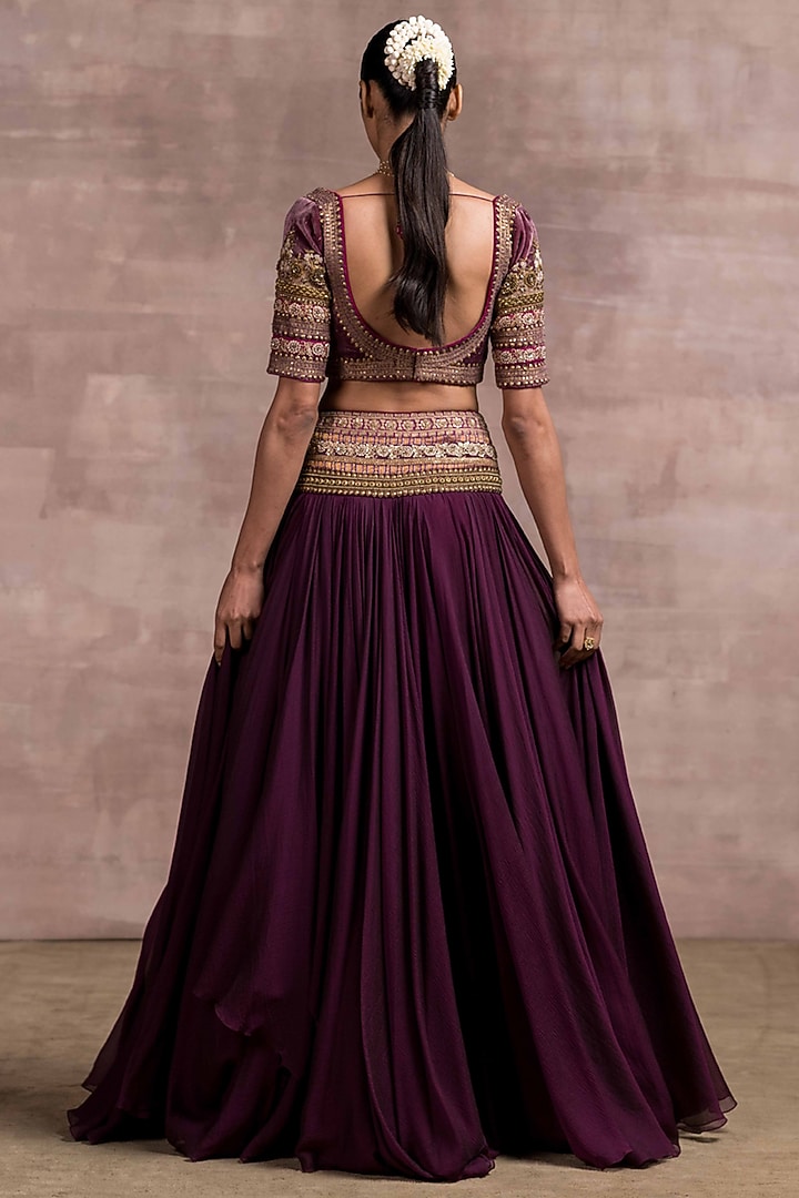Wine Embroidered Draped Bridal Lehenga Set by Tarun Tahiliani at Pernia's Pop Up Shop