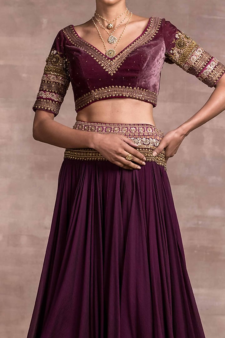 Wine Embroidered Draped Bridal Lehenga Set by Tarun Tahiliani at Pernia's Pop Up Shop
