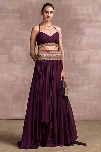 Wine Embroidered Layered Lehenga Set by Tarun Tahiliani