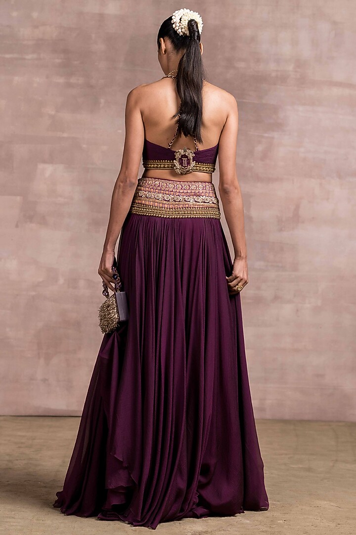 Wine Embroidered Layered Bridal Lehenga Set by Tarun Tahiliani at Pernia's Pop Up Shop