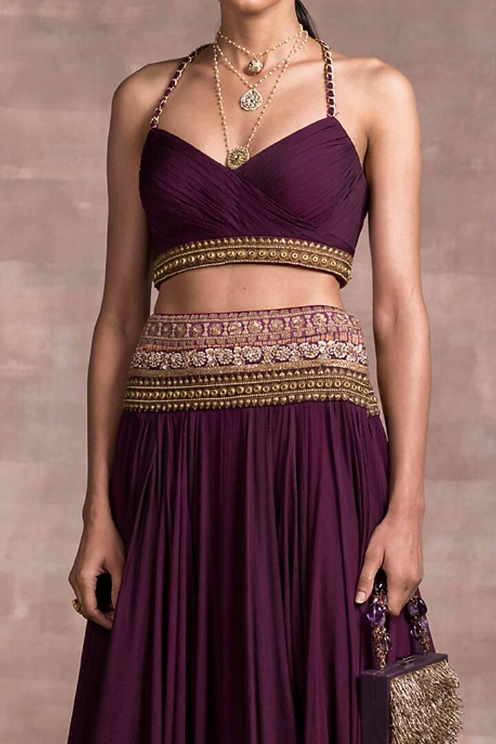 Wine Embroidered Layered Bridal Lehenga Set by Tarun Tahiliani at Pernia's Pop Up Shop