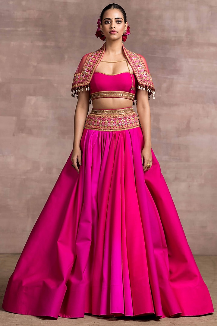 Fuchsia Embroidered Draped Lehenga Set by Tarun Tahiliani