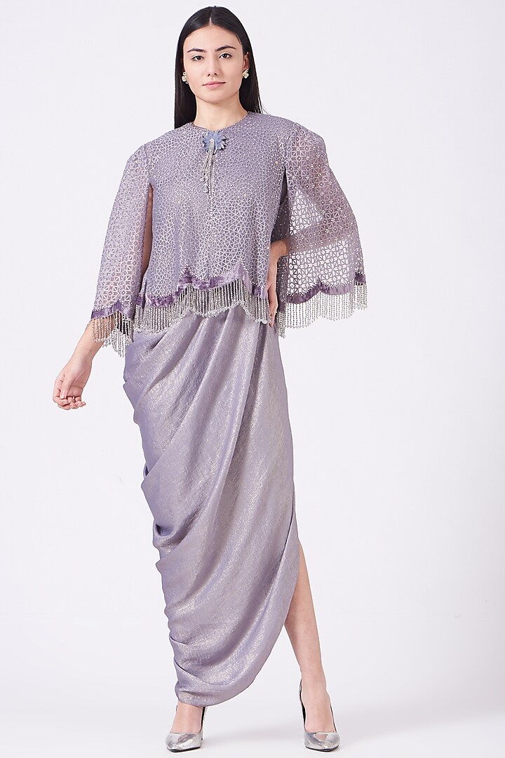 Greek Lavender Dress With Embroidered Cape by Tarun Tahiliani